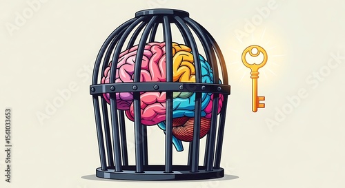 Brain in Dark Cage with Golden Key Unlocks Thinking Potential