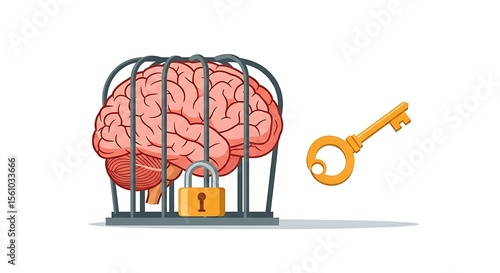 Pink Brain Locked in Gray Cage with Golden Key Freedom Concept