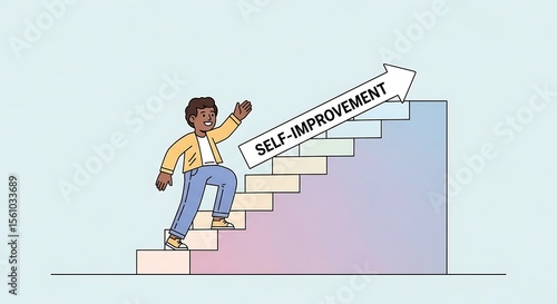 Young Man Climbing Stairs Labeled Self Improvement Arrow Cartoon