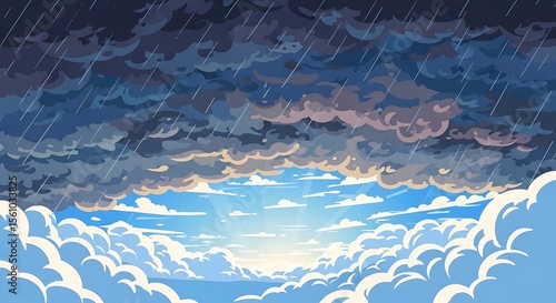 Dramatic Storm Clouds with Rain and Bright Sky Illustration