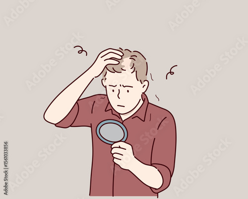 Man Looking in Mirror Worried About Hair Loss. Hand drawn style vector design illustrations.