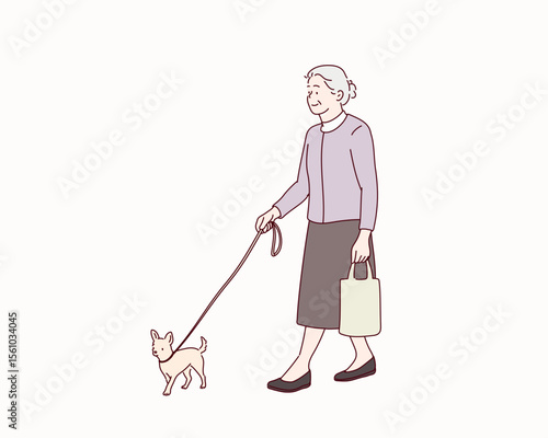 Grandmother Walking a Chihuahua Puppy. Hand drawn style vector design illustrations.
