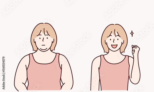 Before and after illustration of a woman who successfully dieted.  Hand drawn style vector design illustrations.