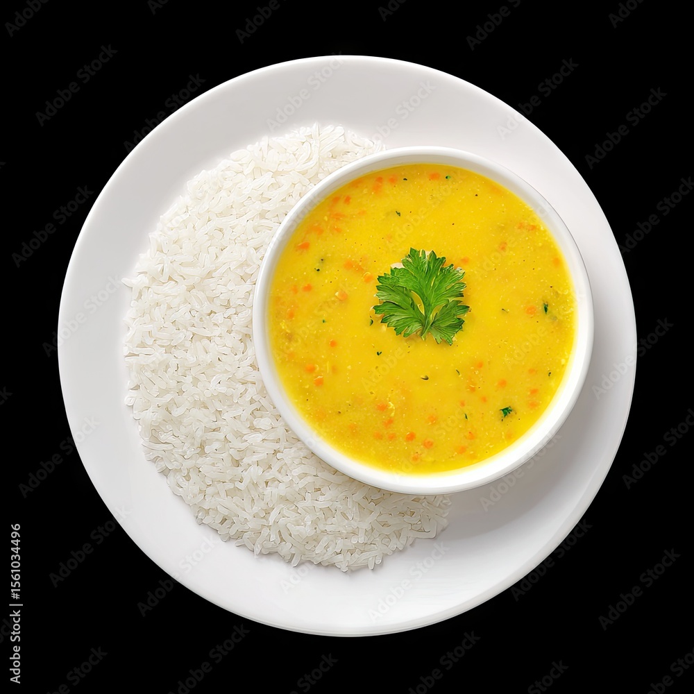 Savory Yellow Lentil Soup Paired with Fluffy White Rice and Fresh Green Garnish on a White Plate Savory Yellow Lentil Soup Paired with Fluffy White Rice and Fresh Green Garnish on a White Plate