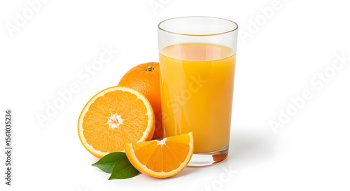 Glass of orange juice with orange sacs and slices fruits isolate on white background