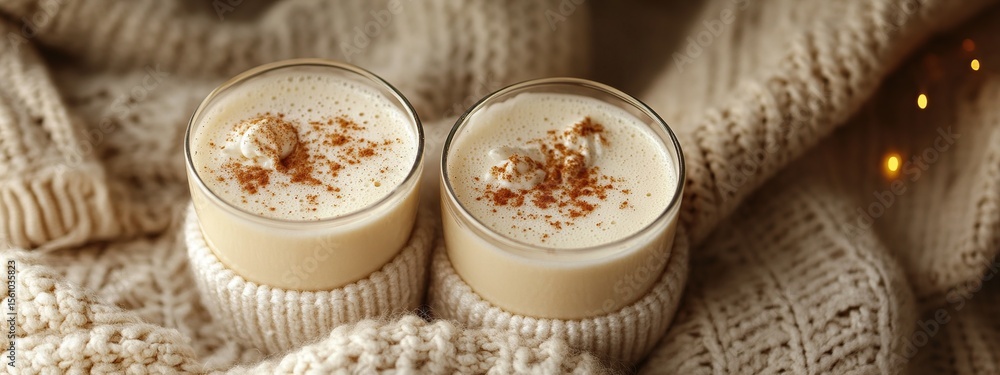 Two creamy mugs of eggnog are presented on a cozy knitted blanket, dusted with cinnamon, creating a warm and inviting winter scene. Two creamy mugs of eggnog are presented on a cozy knitted blanket, dusted with cinnamon, creating a warm and inviting winter scene.