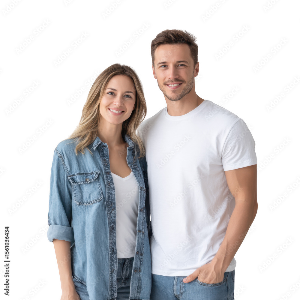 Fototapeta premium A cheerful young couple poses together against a plain white background. showcasing their casual style and friendly demeanor. perfect for lifestyle and relationship-themed content
