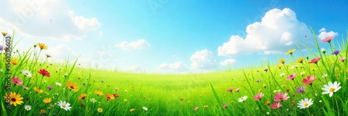Vibrant green meadow bursting with wildflowers and lush grasses under a bright summer sky Perfect for nature, ecology, and environmental themes , sky, botany