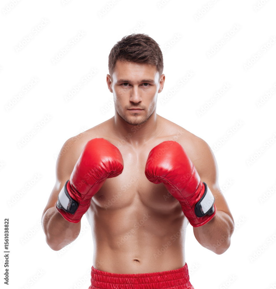 A muscular male boxer in red gloves stands in a fighting stance against a clean white background. showcasing strength and readiness for a match. ideal for fitness and sports-related content A muscular male boxer in red gloves stands in a fighting stance against a clean white background. showcasing strength and readiness for a match. ideal for fitness and sports-related content