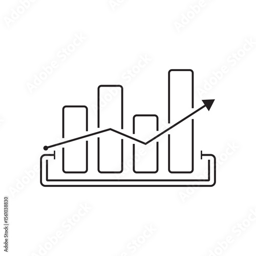 Minimal bar chart icon with ascending trend arrow, perfect for business growth analytics, data dashboards, finance apps, marketing reports, and statistical infographics.