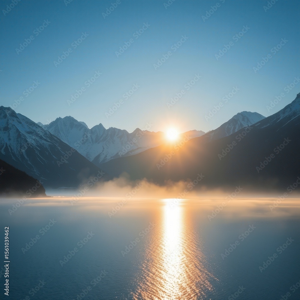 Fototapeta premium Sunrise Over Misty Lake and Snow Capped Mountains