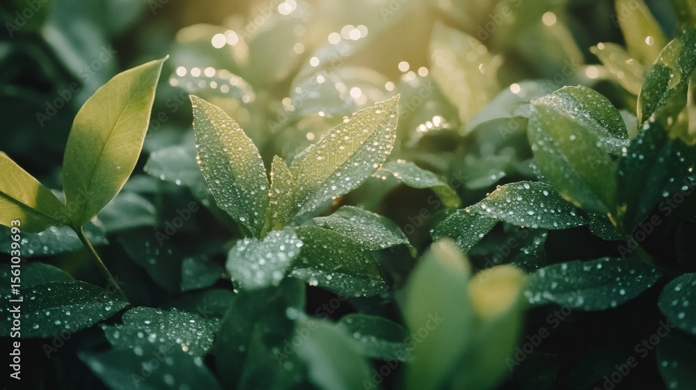 Green leaves with droplets of water in the natural light Green leaves with droplets of water in the natural light