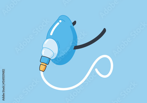 Cartoonstyle oxygen mask with white tube and black straps blue and white details.
