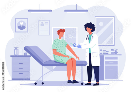 Doctor administering vaccine to patient in hospital gown medical procedure illustration.