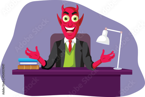 Evil Devil Boss at His Desk Vector Cartoon Illustration. Funny evil capitalist businessman being devilish and wicked 