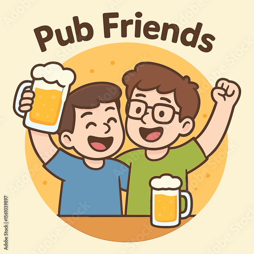  Cartoon Friends at Pub – Funny Drink Celebration Vector