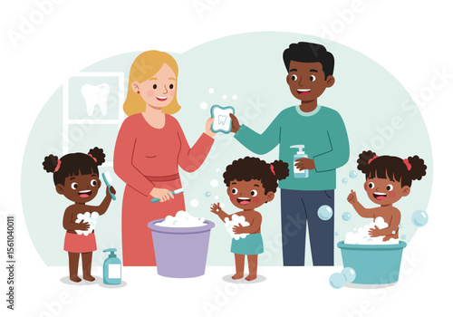 Happy Family with Three DarkSkinned Children Enjoying Bath Time Together.
