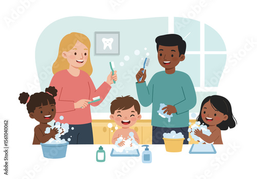 Happy Family Brushing Teeth and Washing Hands Together in the Bathroom.
