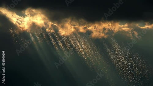 Particles of rain reflecting in the suns rays as it cascades down the cloud.
