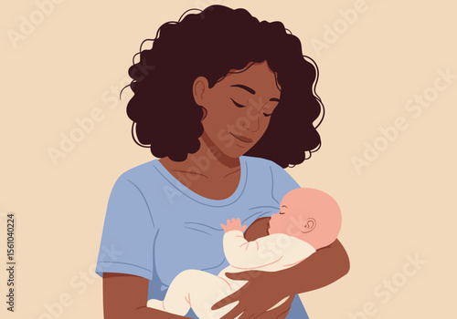 Illustration of a darkskinned mother breastfeeding her baby with love and care.