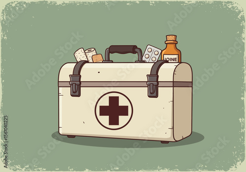 Illustrated First Aid Kit with Medical Supplies and Brown Cross Symbol.