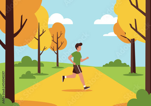 Man Running in Park Green Shirt Brown Shorts Athletic Activity.