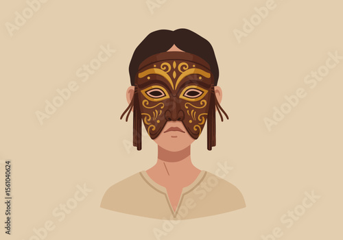 Person Wearing Ornate Brown and Gold Mask with Tassels Neutral Expression.