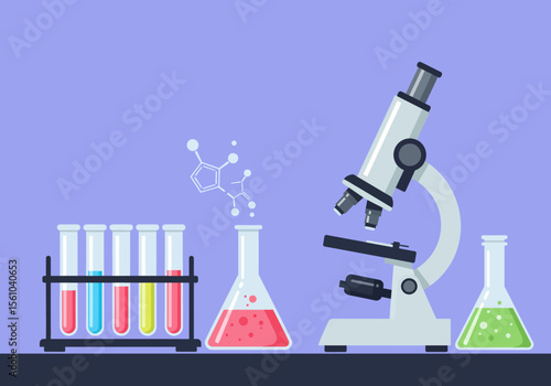 Science Laboratory Equipment Microscope Test Tubes and Flasks with Colored Liquids.