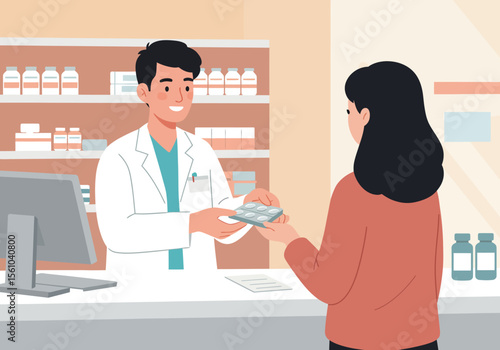 Smiling Pharmacist Handing Blister Pack to Patient in Pharmacy.