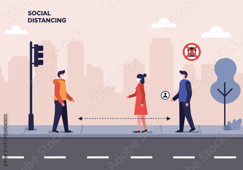 Social Distancing Illustration People Wearing Masks on Sidewalk with Cityscape.