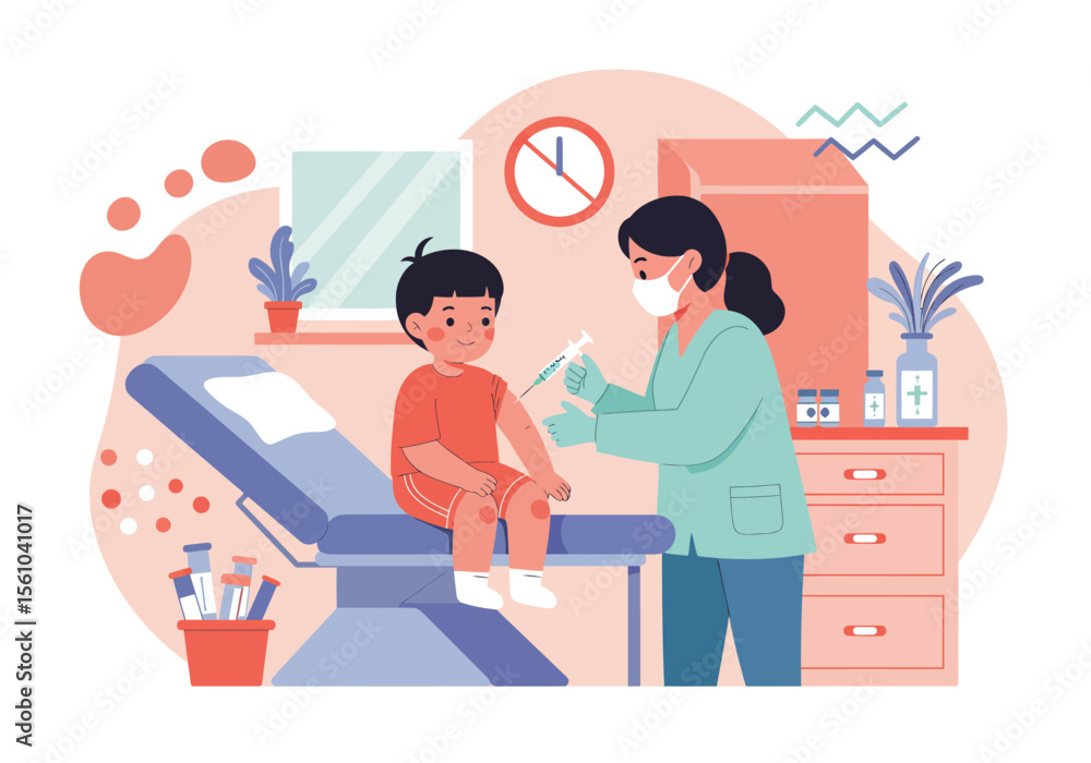 Young Boy Receiving Vaccination from Nurse with Mask in Clinic Setting. Young Boy Receiving Vaccination from Nurse with Mask in Clinic Setting.