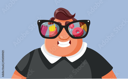 
Happy Overweight Man Craving for Junk Food Vector Illustration 
Cheerful guy feeling tempered by binge eating fast food and desserts 