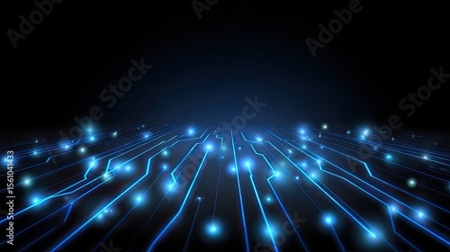 Abstract glowing circuit board pattern with neon blue lines on black background, futuristic digital technology theme