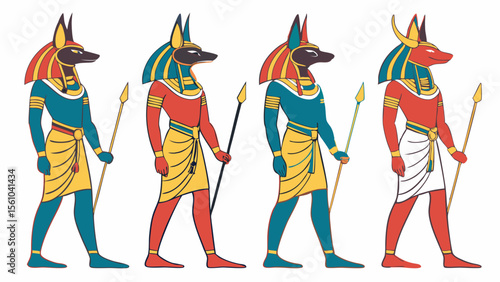 Four egyptian gods anubis depicted in profile with different color schemes