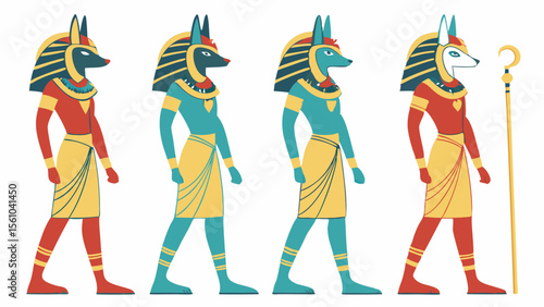 Four egyptian anubis figures in red teal and white variations
