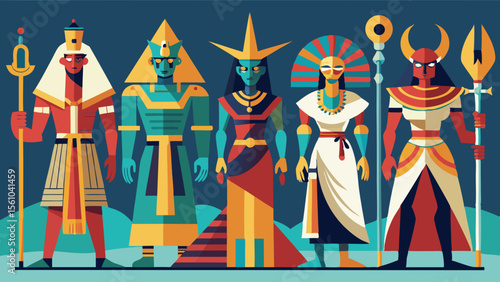 Five stylized ancient egyptian figures in colorful traditional attire and headdresses