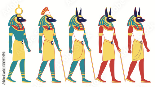 Five egyptian gods with jackal heads and traditional attire in a row