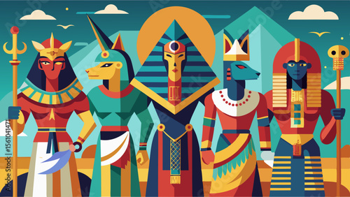 Stylized egyptian gods and pharaohs in vibrant geometric patterns and flat design