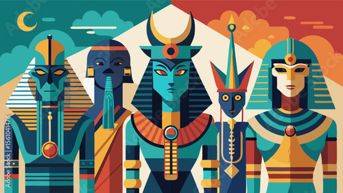 Stylized egyptian pharaohs and gods in geometric flat design