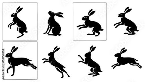 Collection of black silhouette rabbit and hare poses in motion and still