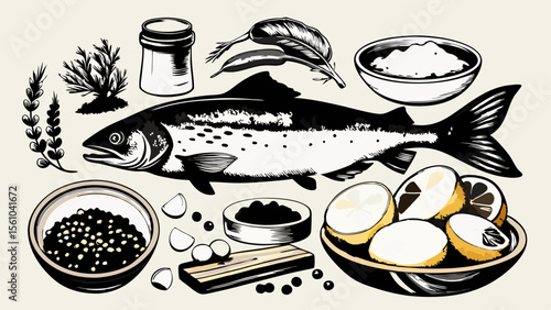 Whole salmon with caviar lemons salt and herbs for a gourmet meal