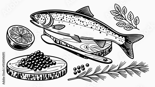 Fresh salmon with lemon caviar and herbs on a white background