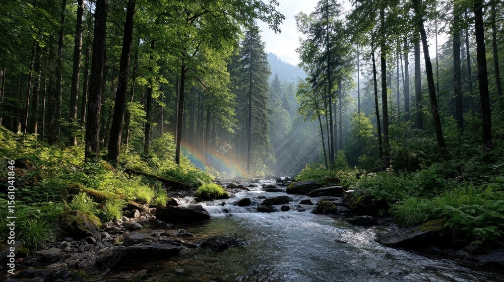 Obraz premium Misty forest stream with rainbow