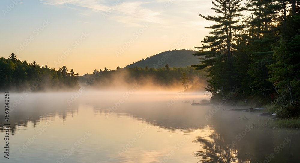 Fototapeta premium Serene Sunrise Over Misty Lake in the Mountains