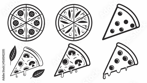 Collection of stylized black and white pizza slices and whole pizzas