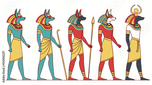 Five egyptian gods with animal heads standing in a row