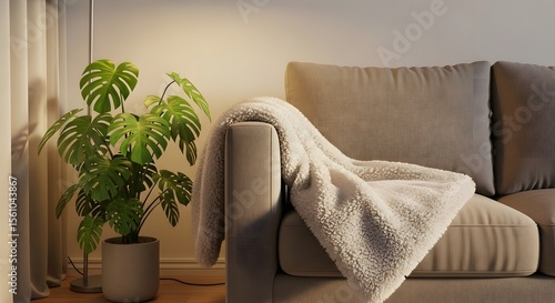 Cozy interior scene featuring a beige sofa with a fluffy blanket and a vibrant potted plant illuminated by warm lighting creating a relaxing atmosphere.