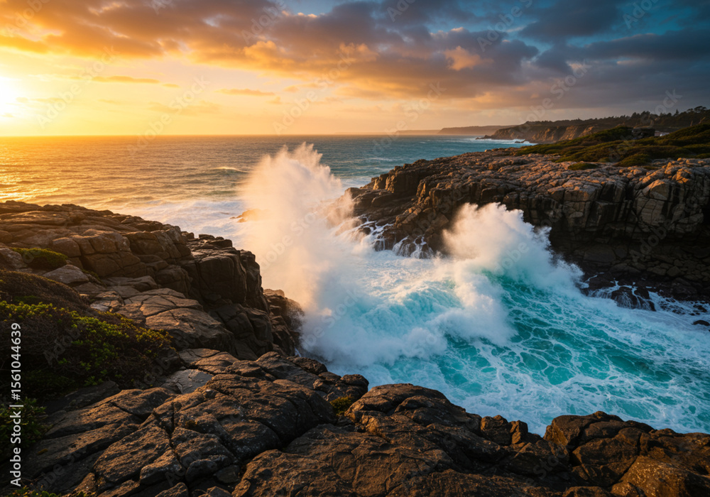 Obraz premium A dynamic photograph capturing the moment a strong ocean wave crashes against a rugged rocky coastline. The bright sky and deep blue sea highlight the force and beauty of nature.