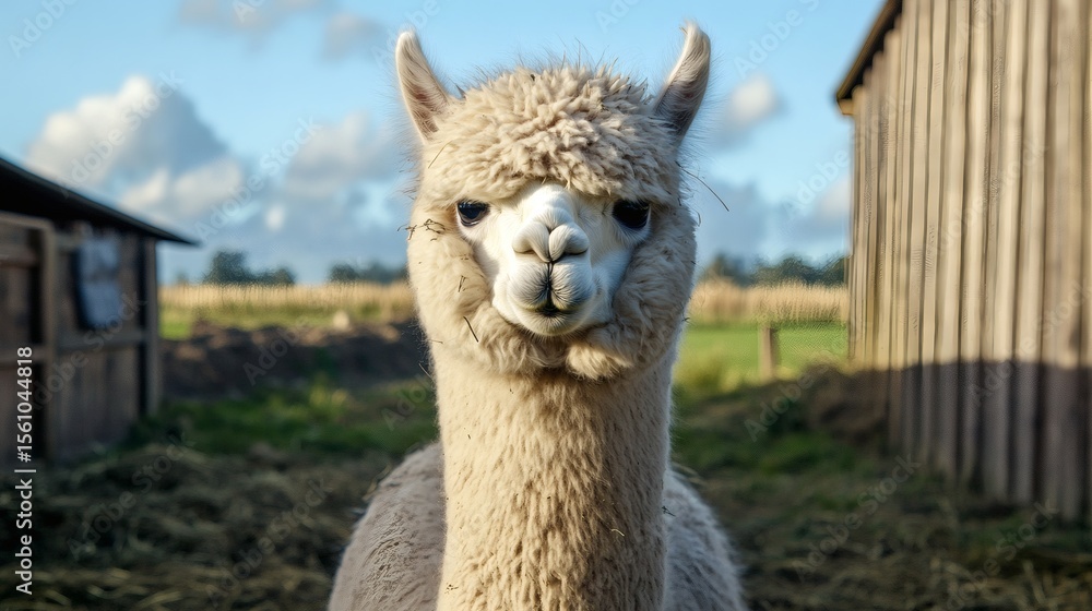 Obraz premium A friendly light colored alpaca looking straight at the camera