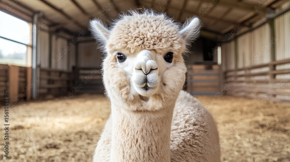 Obraz premium A fluffy alpaca looks directly at the viewer in a barn setting
